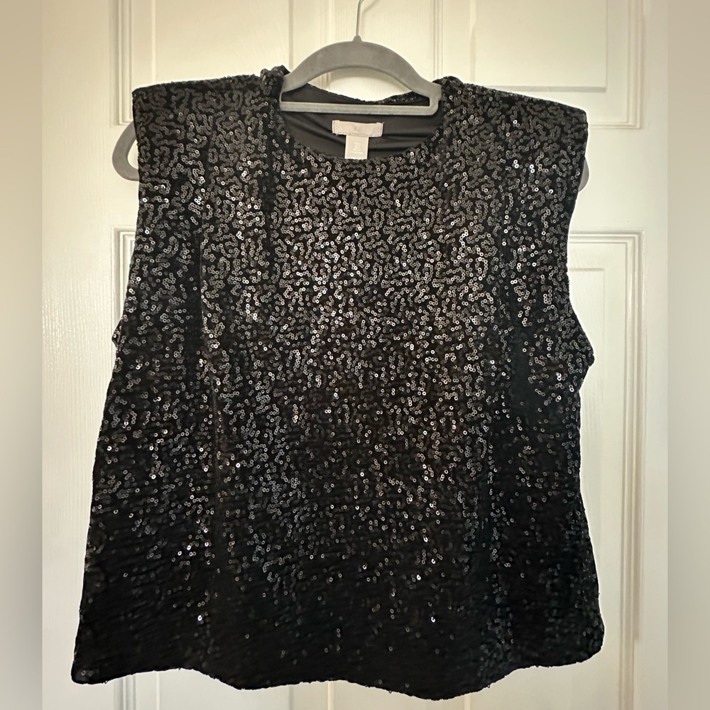 H&M Black Sequin Top with Shoulder Pads - Size Small